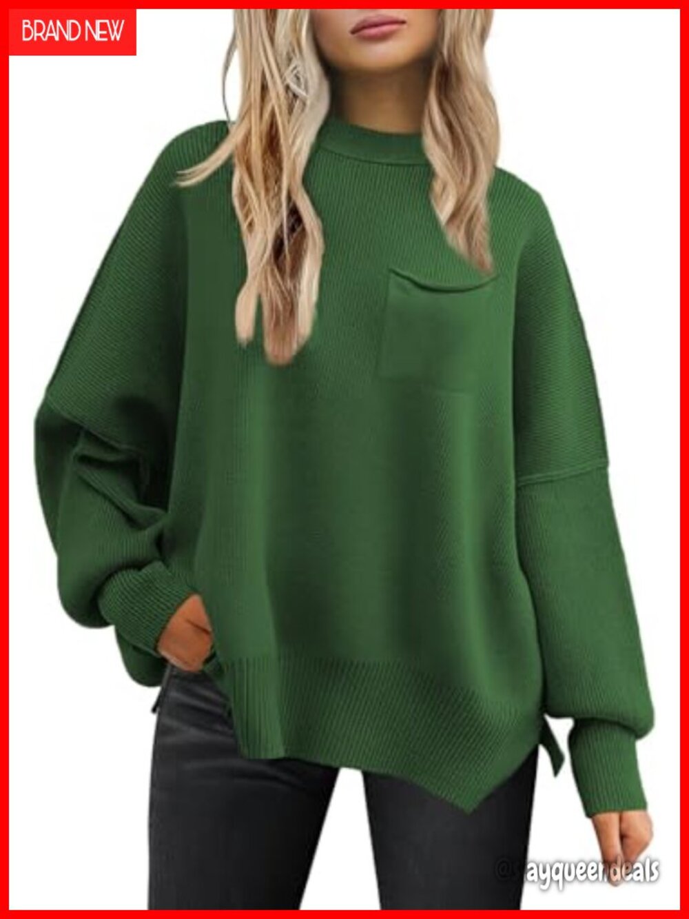 Oversized Ribbed Knit Crewneck Pullover Sweater Batwing Sleeve Women